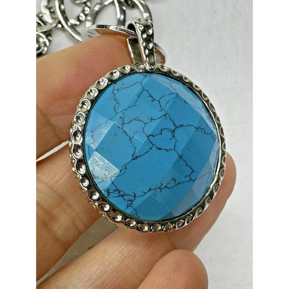Hammered Links Necklace Turquoise White Pendant Reversible CA Stainless Steel